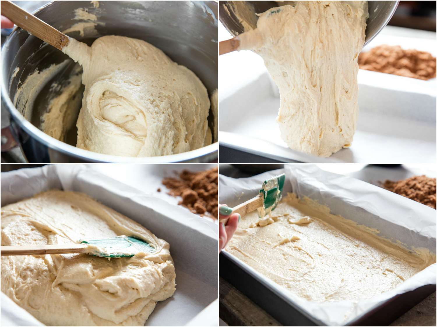 A four-image collage illustrating stages of folding, pouring, and spreading out coffee cake batter in a lined cake pan.