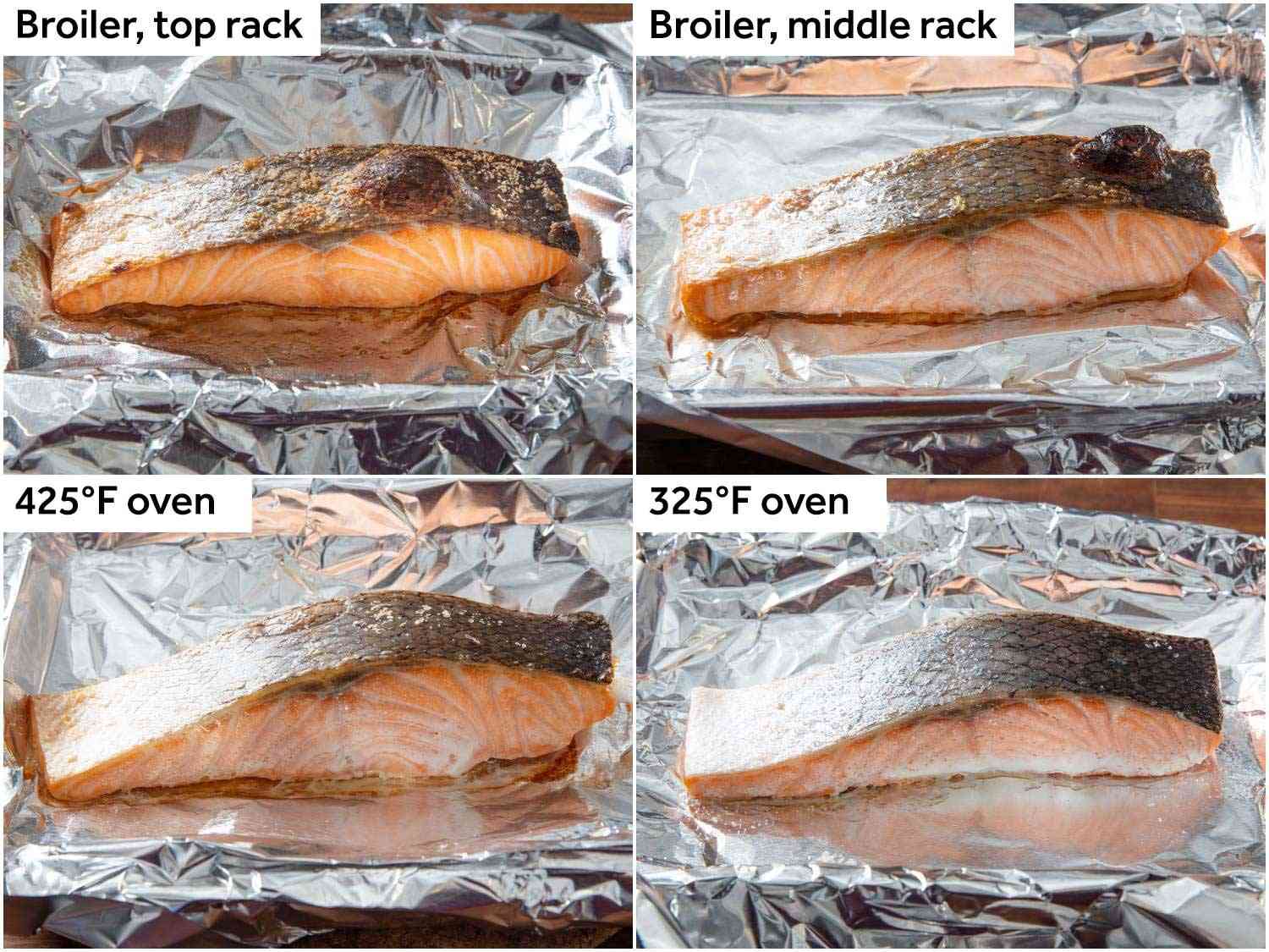 一幅拼贴画，展示了在不同烤箱温度下烹饪的三文鱼，有和没有烤鸡