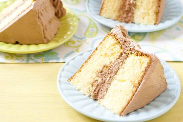 yellow birthday cake with chocolate frosting