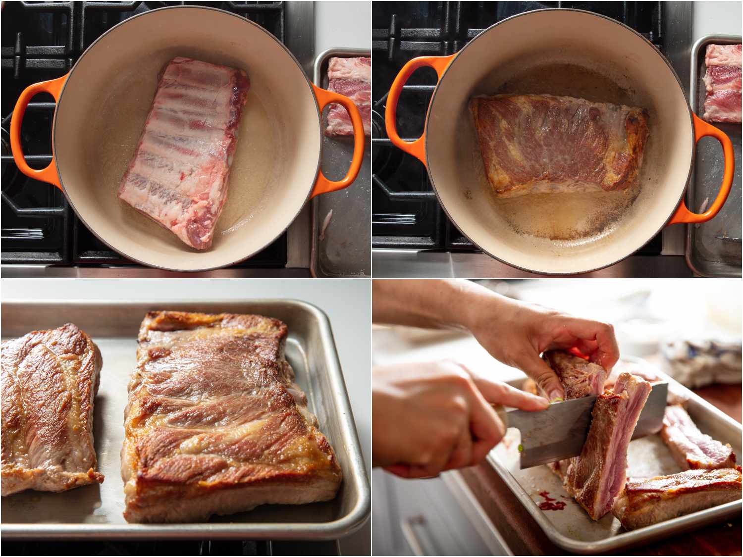 Searing racks of pork ribs in a Dutch oven and then cutting into single rib pieces.