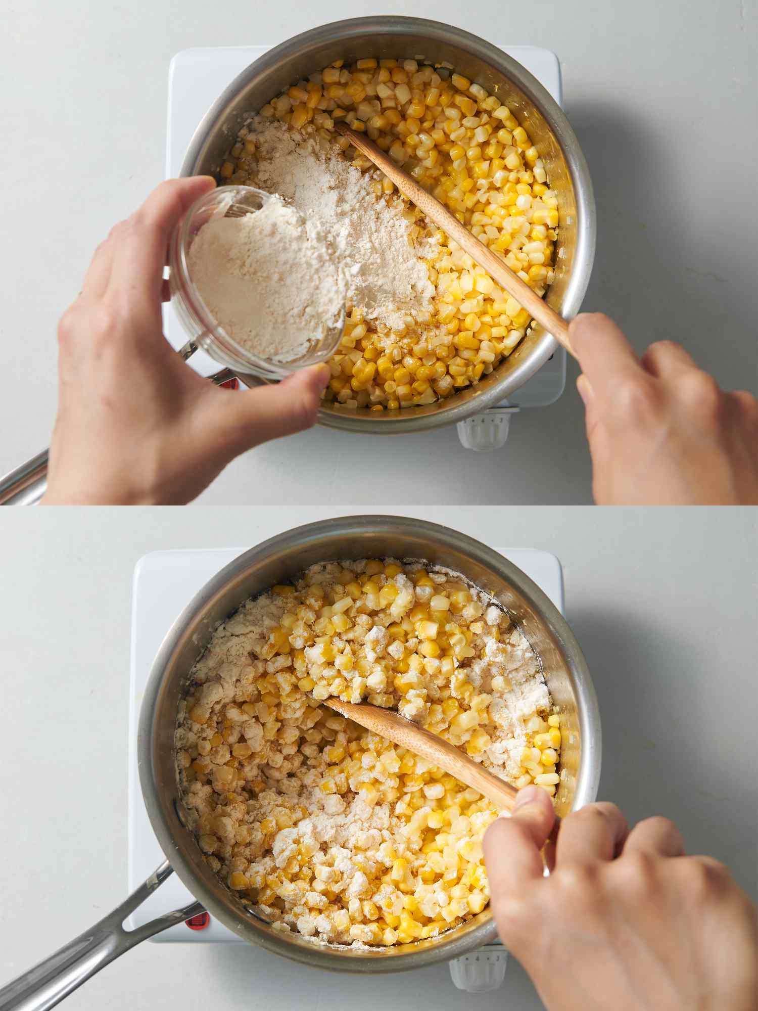 Softened onions, tender corn kernels, and garlic inside 3-quart saucepan, and stirring in flour