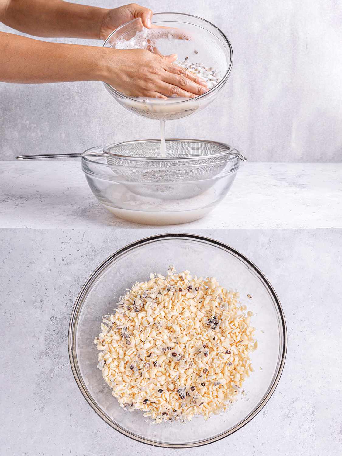 Two image collage. Top: A hand pressing down on the peas in a glass bowl as it strains the water and shells out. Bottom: Strained peas in a glass bowl