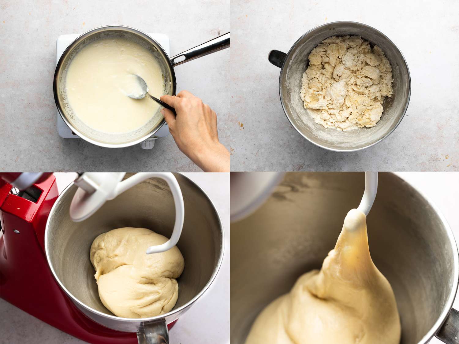 Flour, sugar, yeast, salt, and baking soda thoroughly combined inside stand mixer bowl