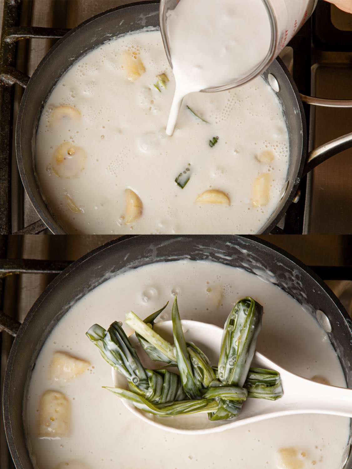 加入牛奶和去除香兰叶子的两幅图像拼贴