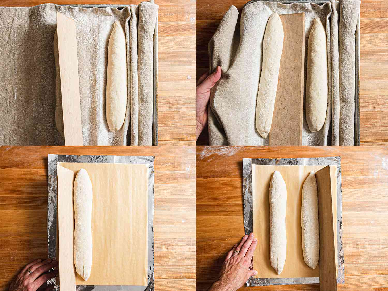 Four image collage of transferring loafs from couche to baking surface and straightening loaf