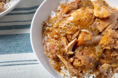 Close up image of lowcounty stew chicken over rice