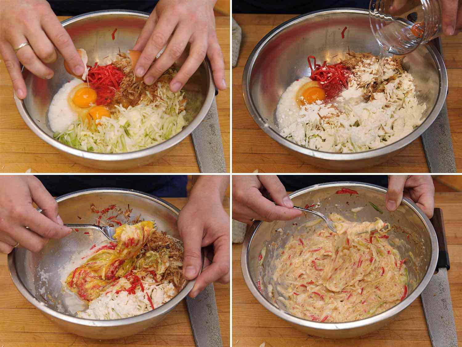 A collage showing ingredients for okonomyaki being mixed in a bowl