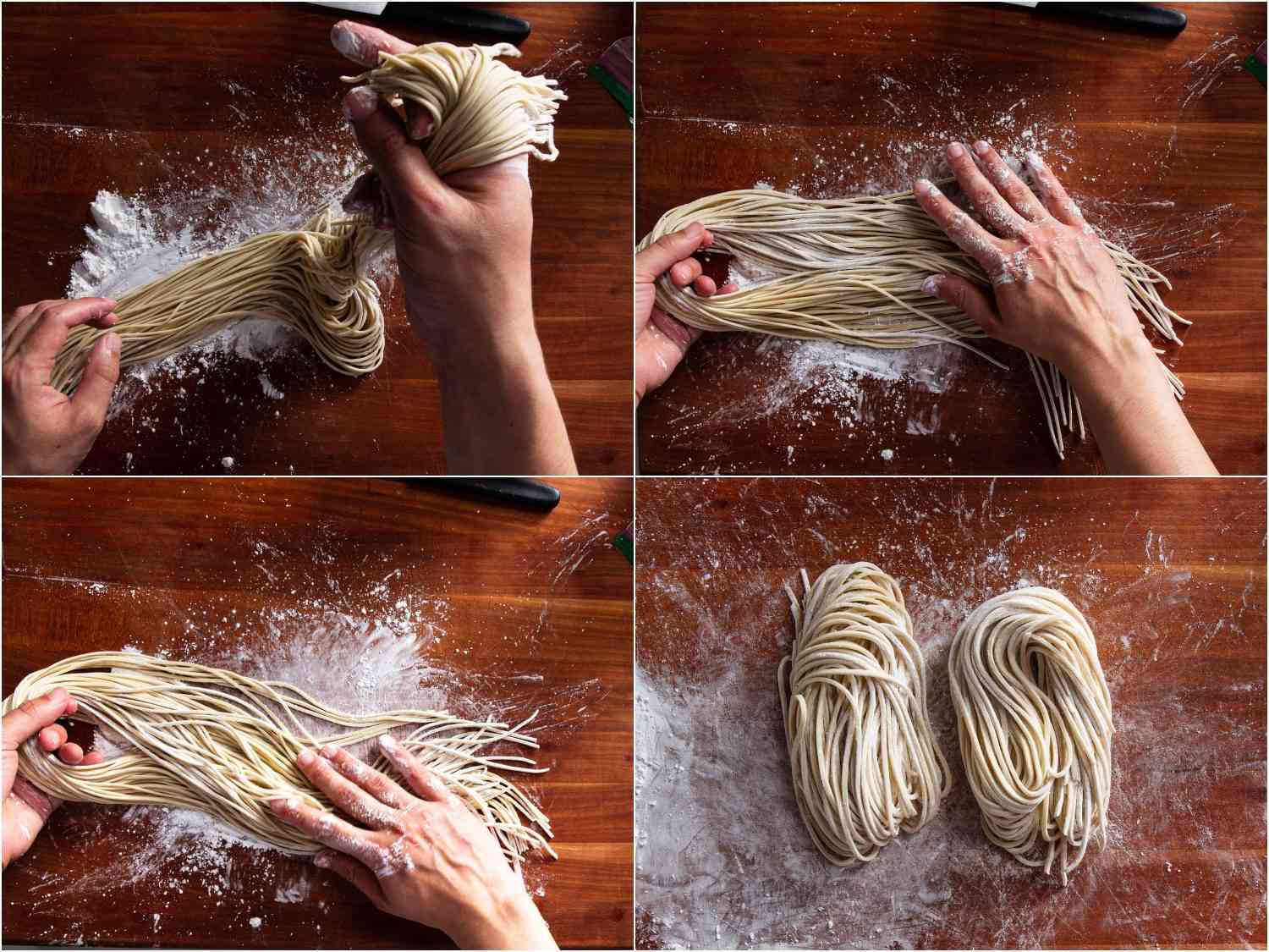拼贴的四张照片显示，手在刚切好的拉面上撒上土豆淀粉，形成了两捆拉面。
