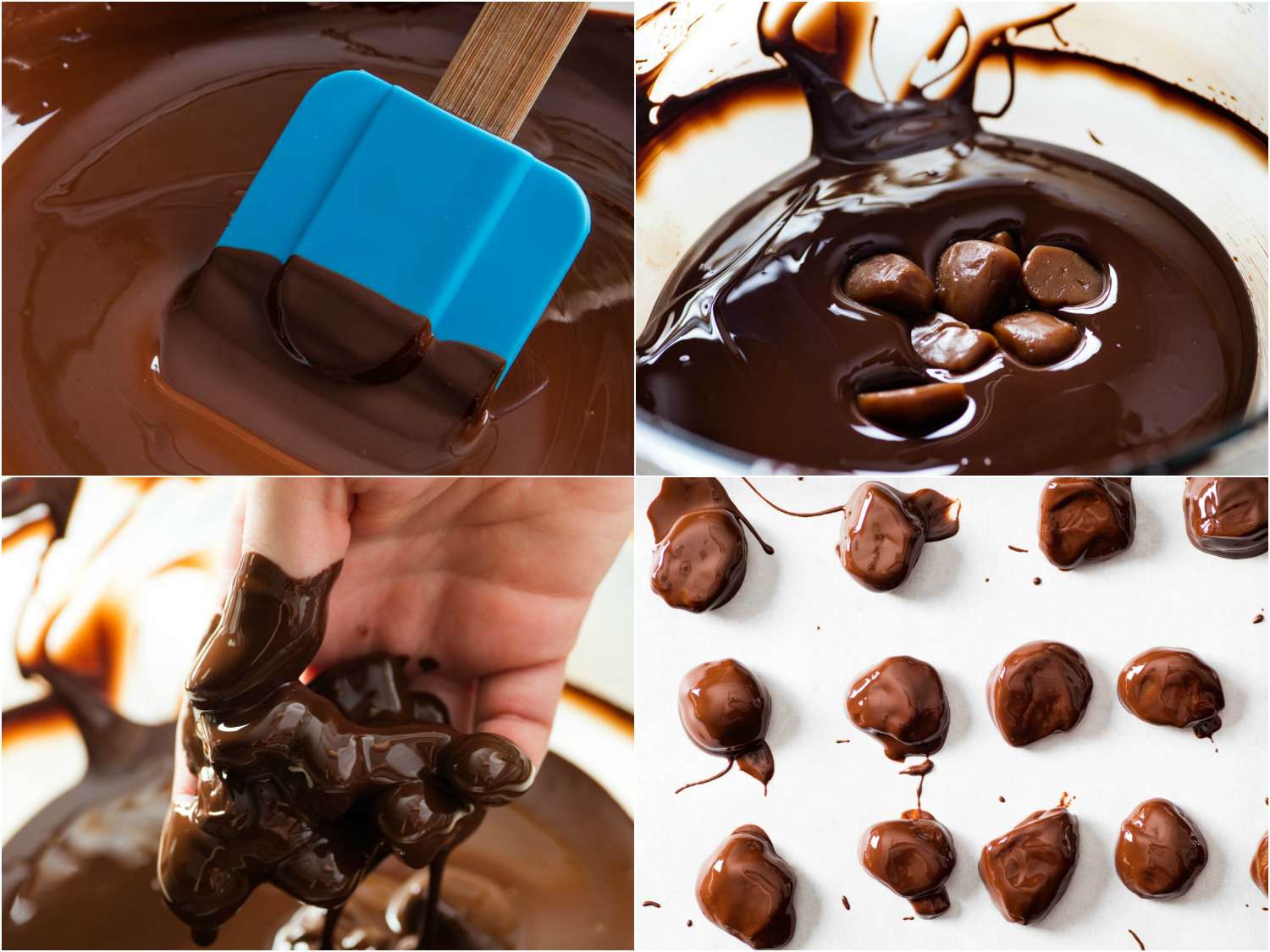 A four-image collage of tempering chocolate, adding the caramels, fishing them out by hand, and leaving to set on a work surface.