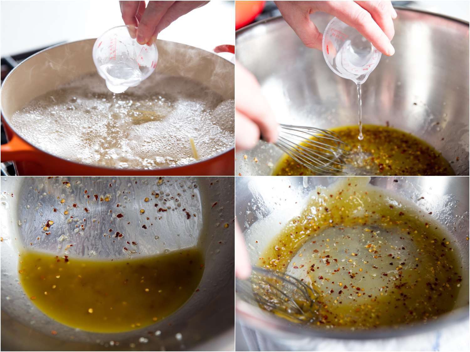 用意大利面水乳化椰油-橄榄油混合物。