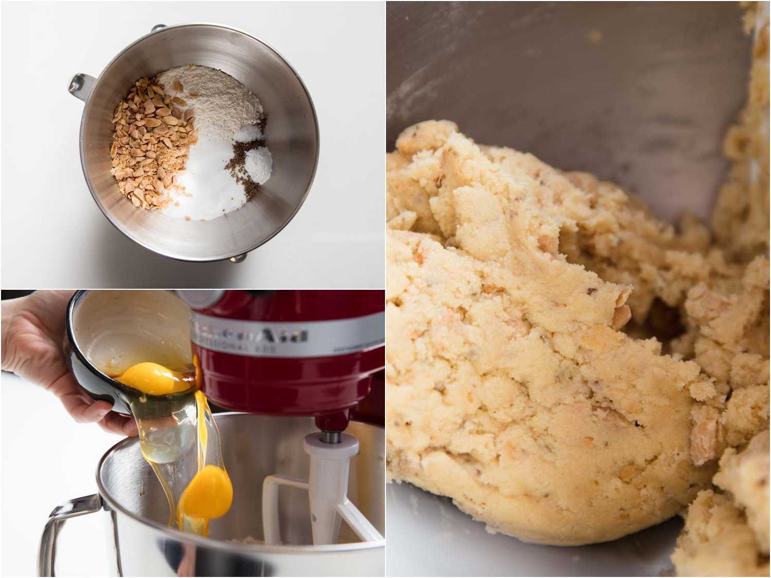 Collage of combining dry ingredients in the bowl of a stand mixer, adding eggs, and mixing the biscotti dough.