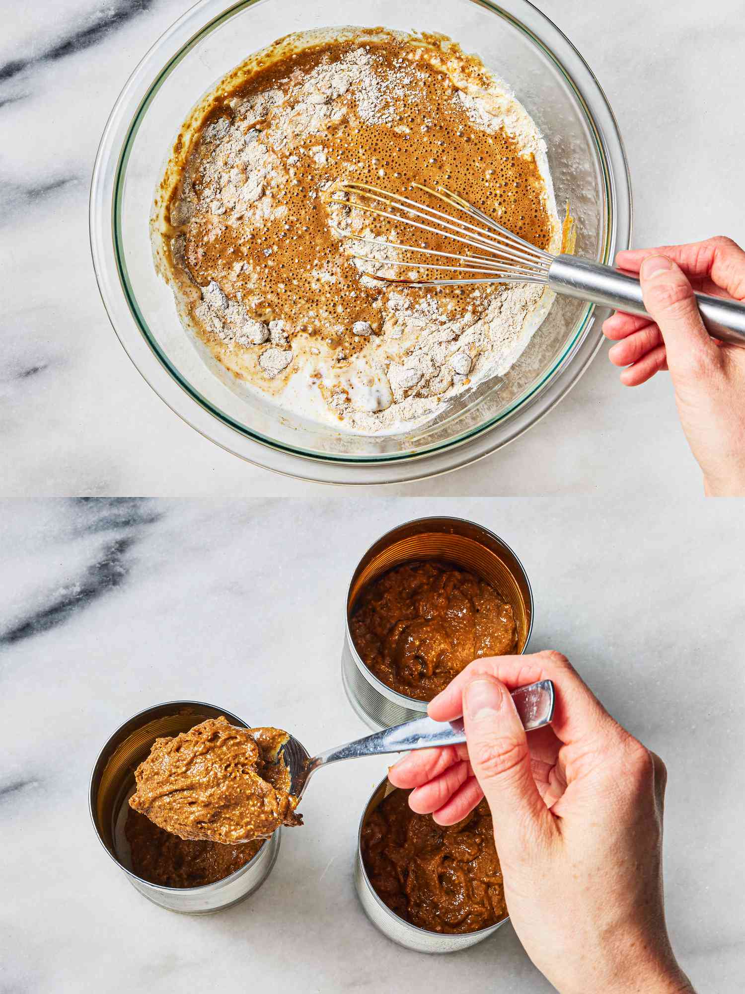 Two image collage of mixing ingredients together and spooning into cans