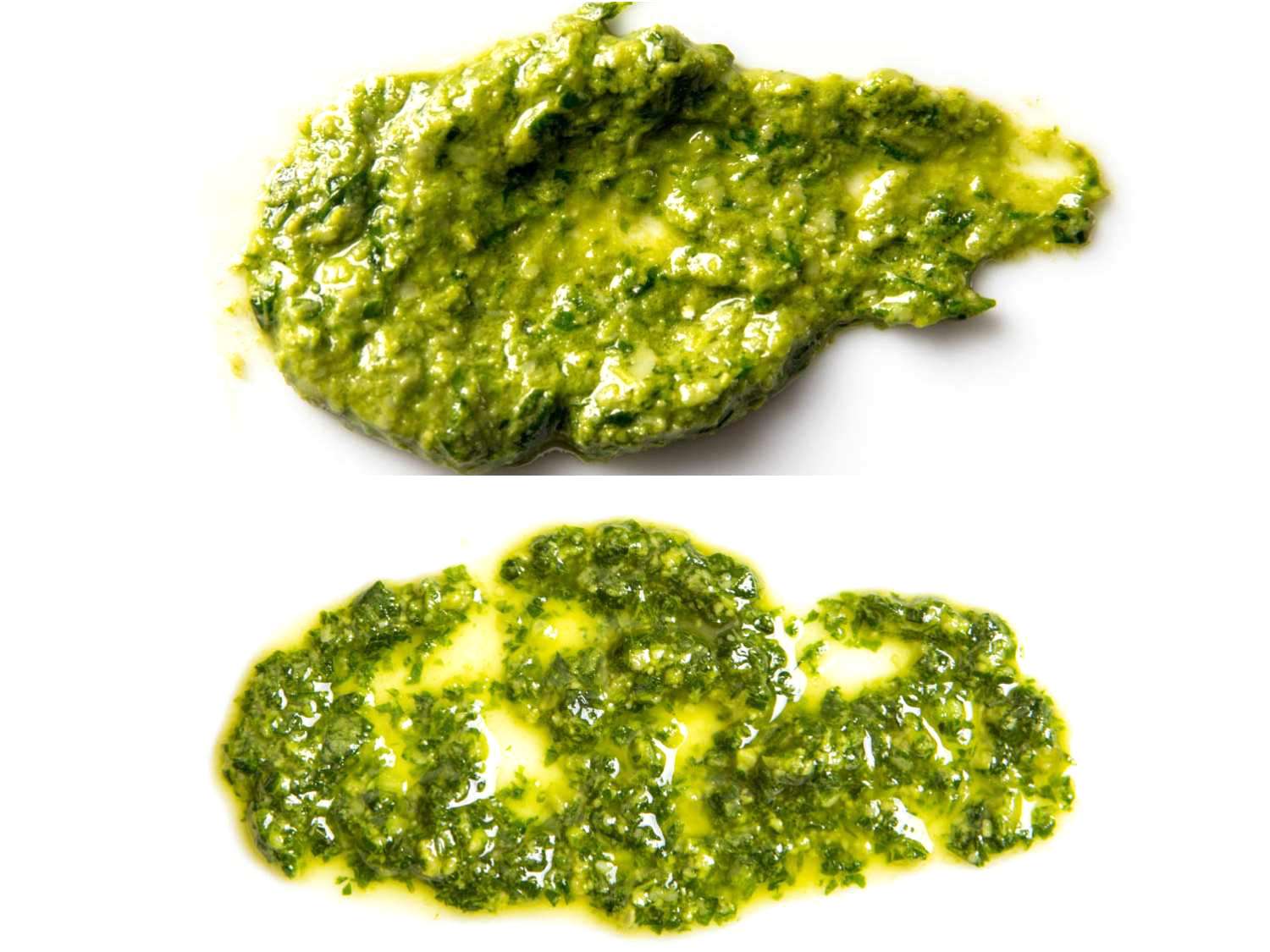 Comparison of pestos: Top, pesto made in mortar and pestle; bottom, pesto made in food processor
