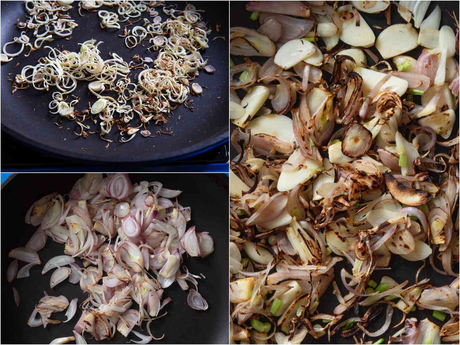 collage: lemongrass charred in skillet; shallots charred in skillet; coriander root and garlic added