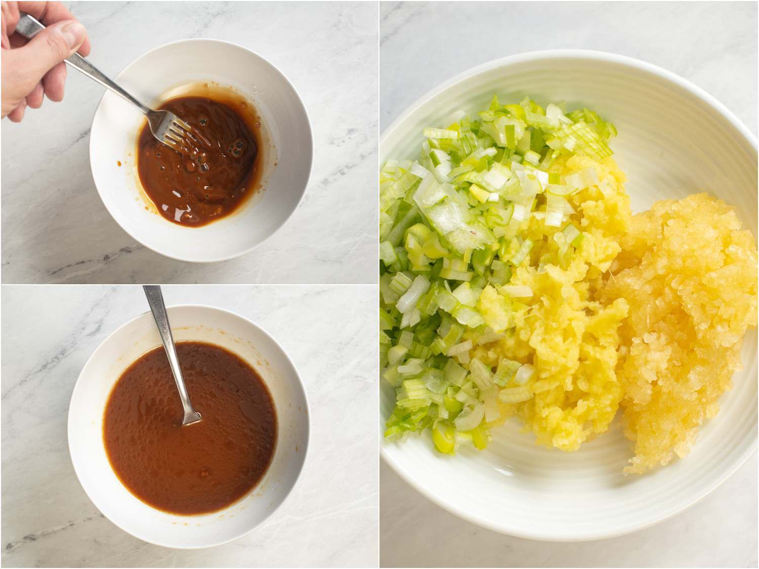 Collage: stirring sauce ingredients, finished sauce, scallions, ginger, and garlic in a dish.