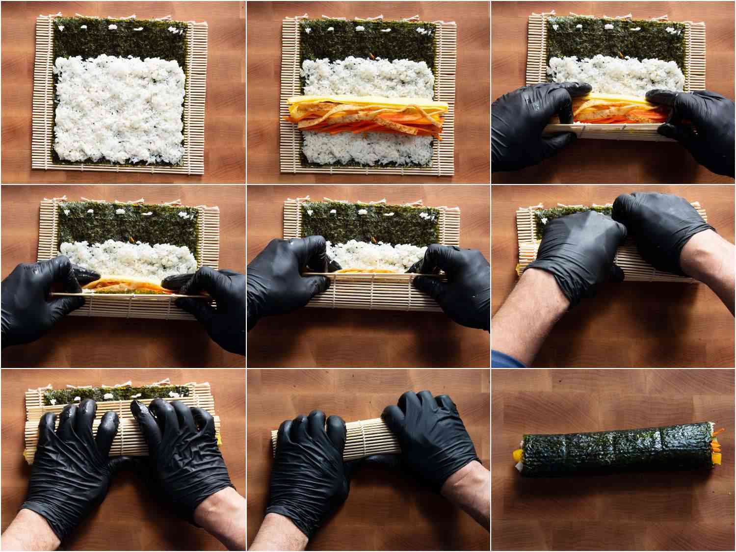 Collage of a seaweed roll filled with rice and sliced vegetables being rolled up by black-gloved hands.