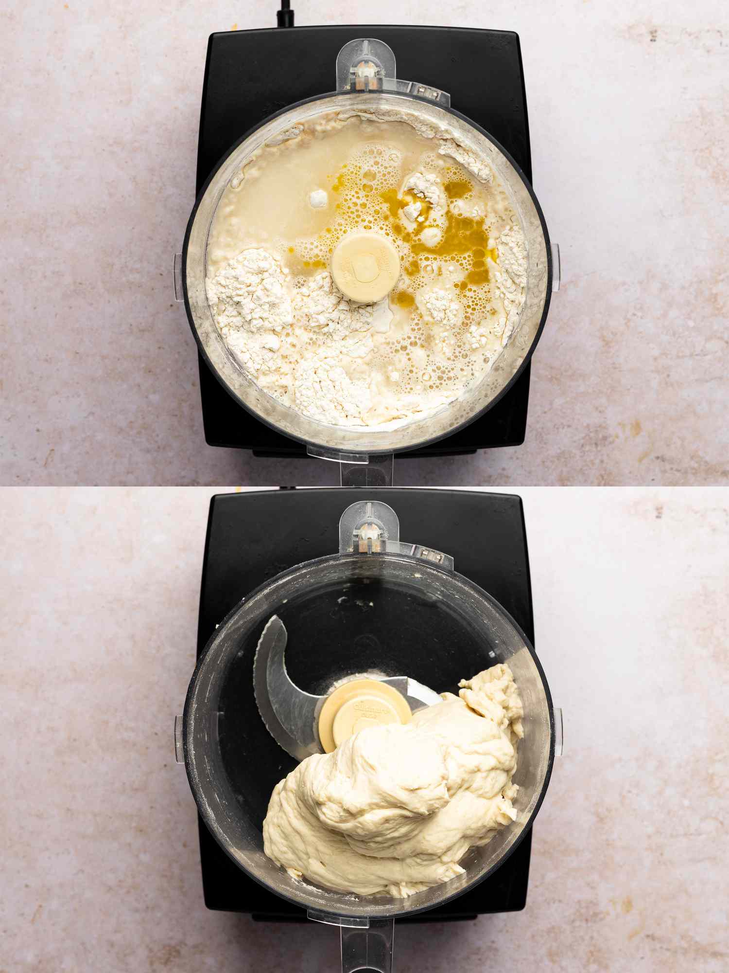 Olive oil and water added to combined flour, sugar, salt, and yeast in food processor bowl