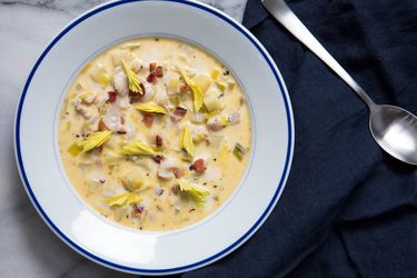 A bowl of chowder made from Pacific razor clams