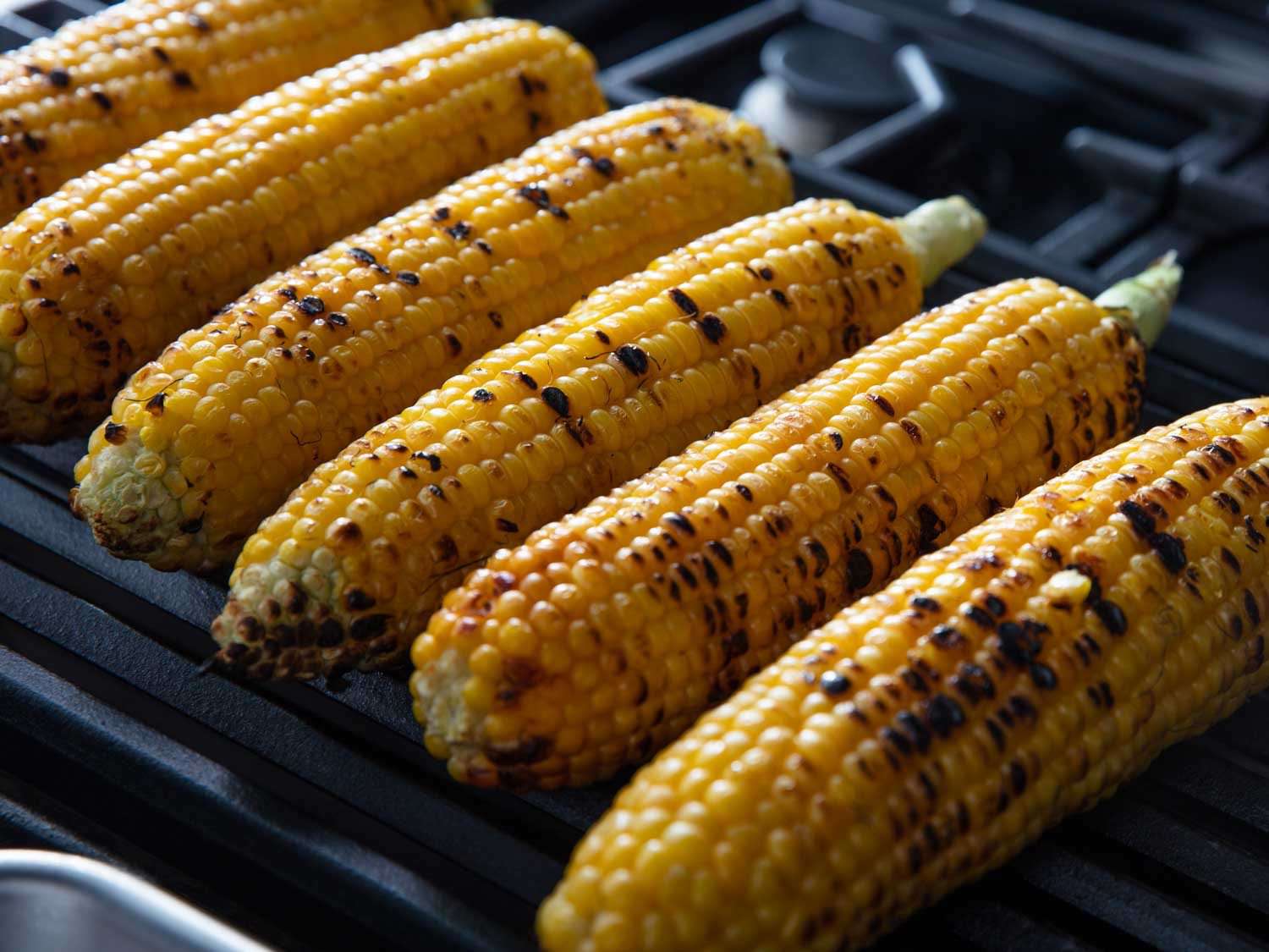 Close-up of lightly charred ears of corn cooking on an indoor gas grill.