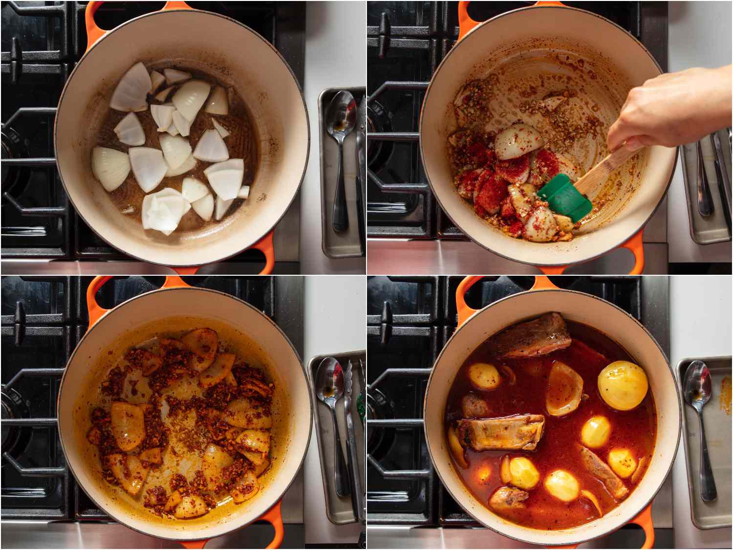 Cooking onions in rendered pork fat and simmering with potatoes and ribs.