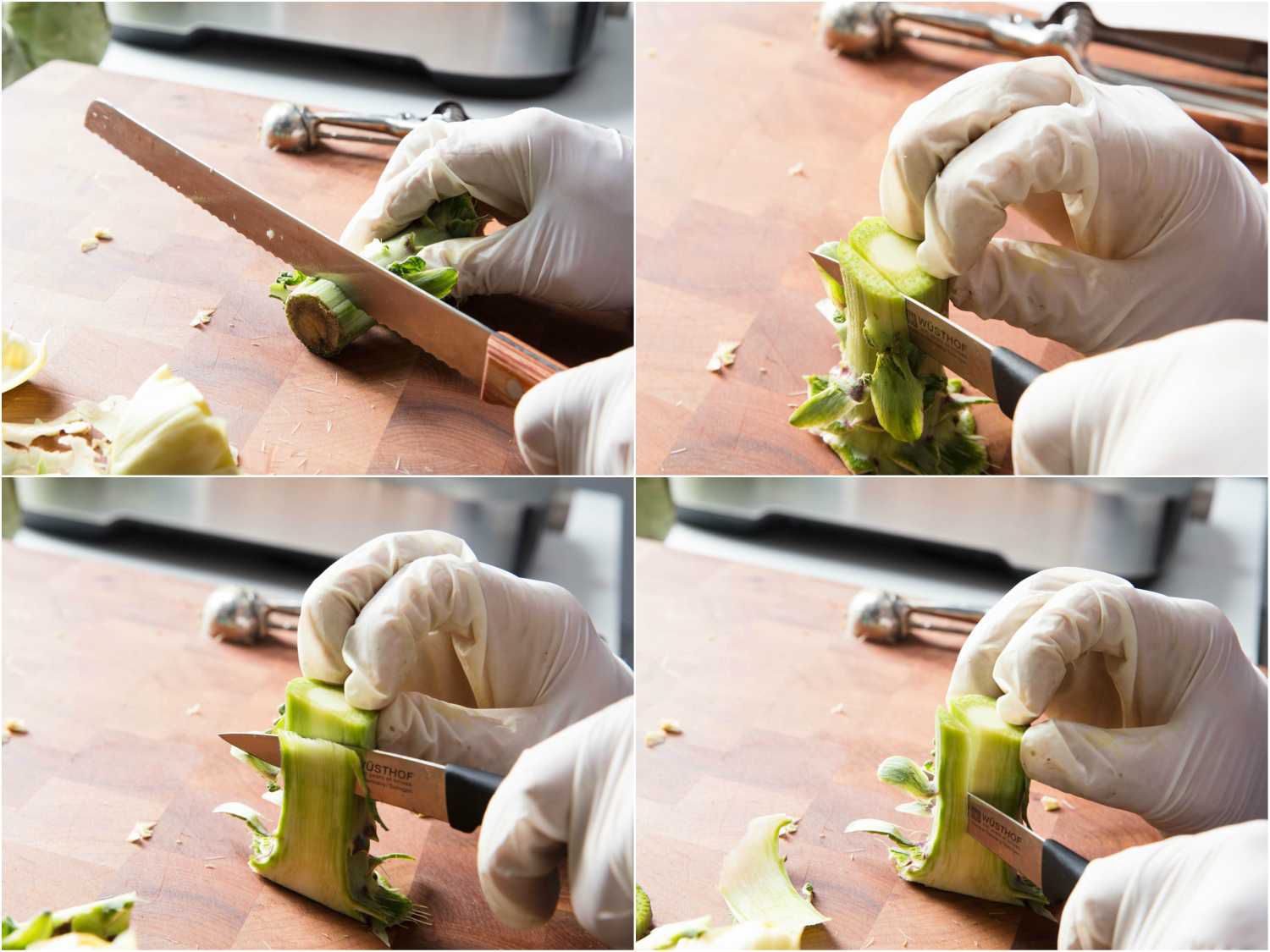 Collage of trimming artichoke stem: slicing off end with a serrated knife, slicing off tough exterior with a paring knife.