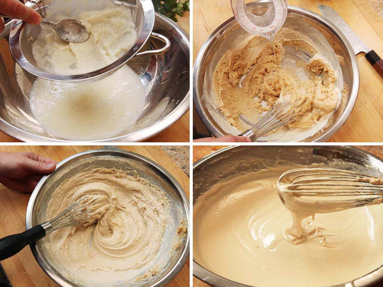 Photo collage showing process of making tahini sauce: straining garlic-lemon juice mixture, stirring in tahini paste, and whisking in water.