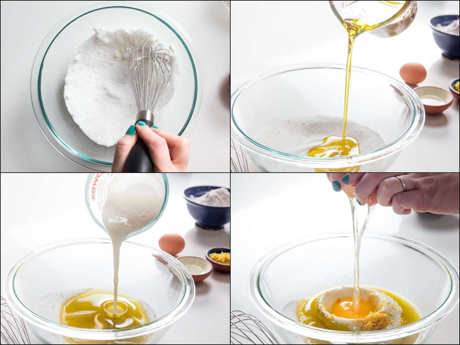 A photo collage of whisking the dry ingredients, adding olive oil, buttermilk, and an egg.