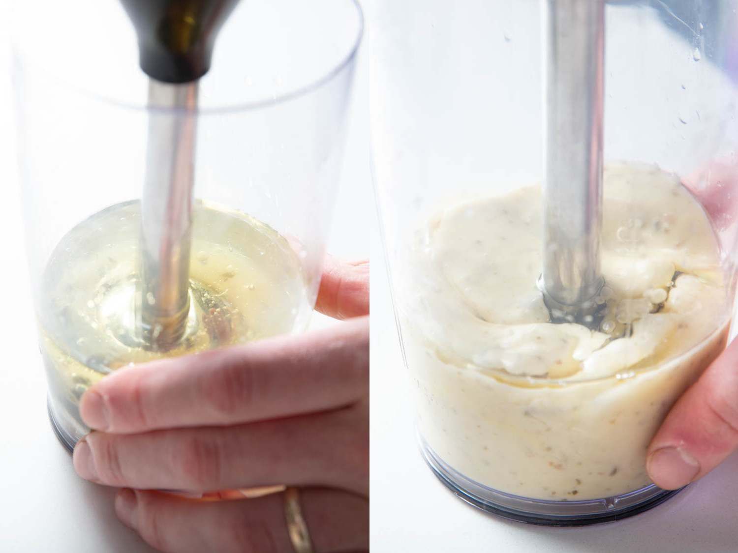 拼贴的照片混合tonnato酱基础在一个高边的容器与浸入搅拌机形成蛋黄酱。