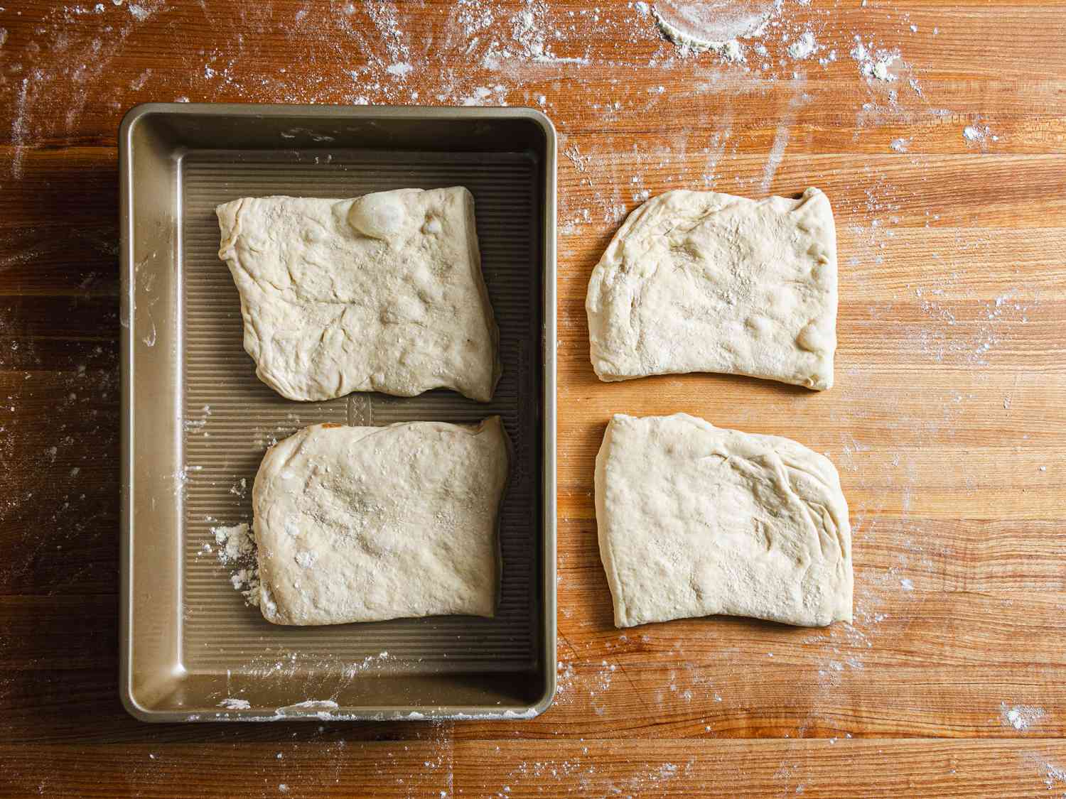 Baguette dough divided in four