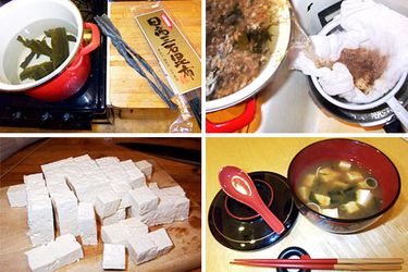 A collage showing the steps to making homemade miso soup.