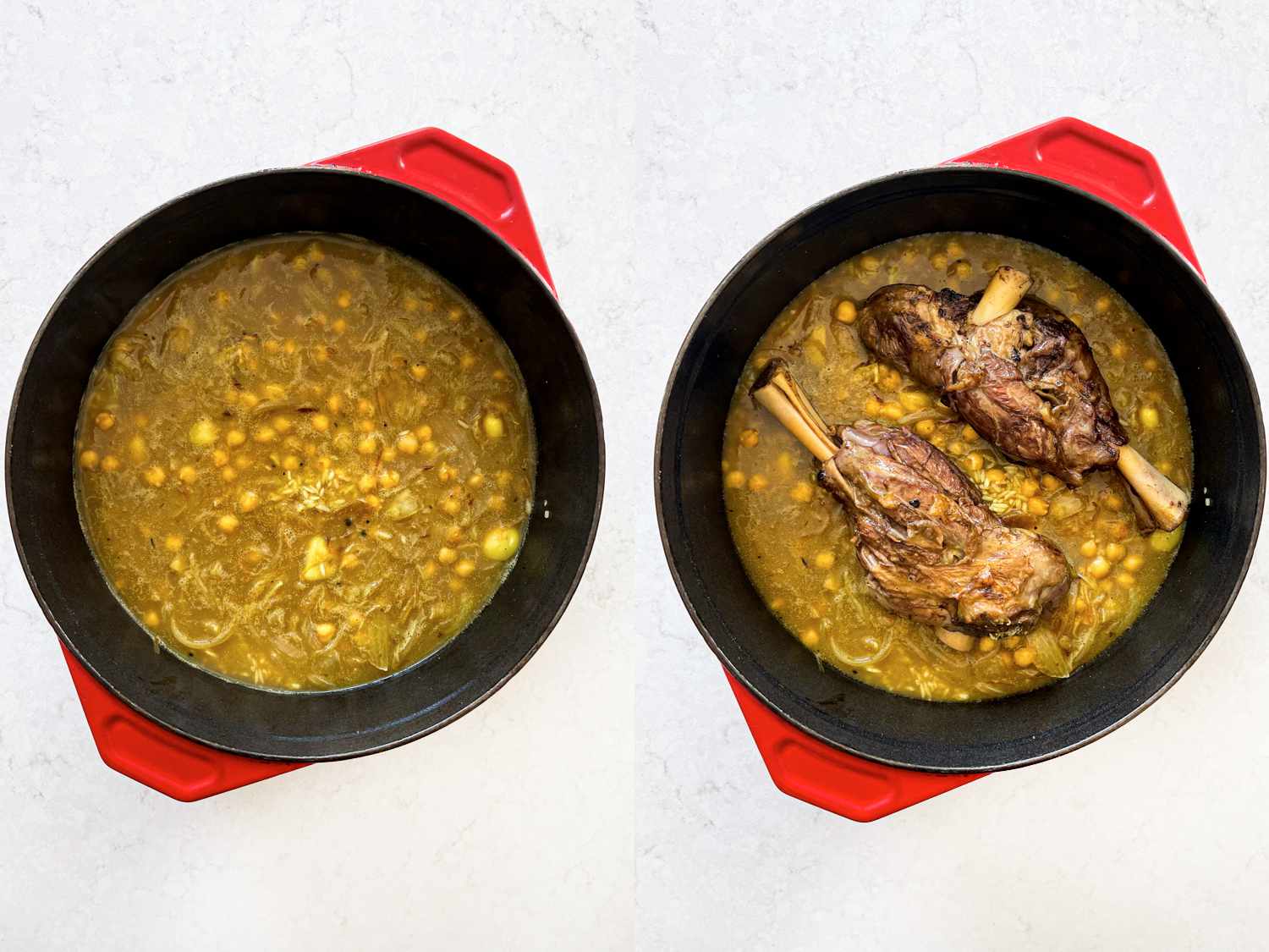 Side by side images of the stew in dutch oven before and after lamb is added.