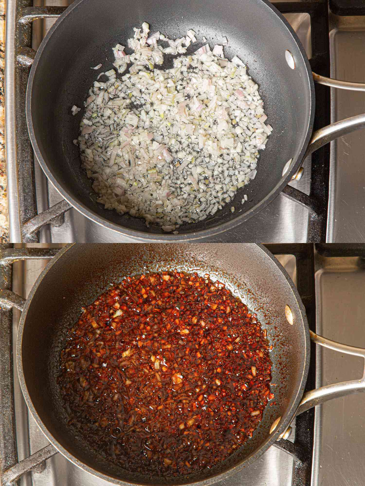 在加入鱼露和焦糖之前和之后，锅里洋葱和大蒜的两张俯视图拼贴图。