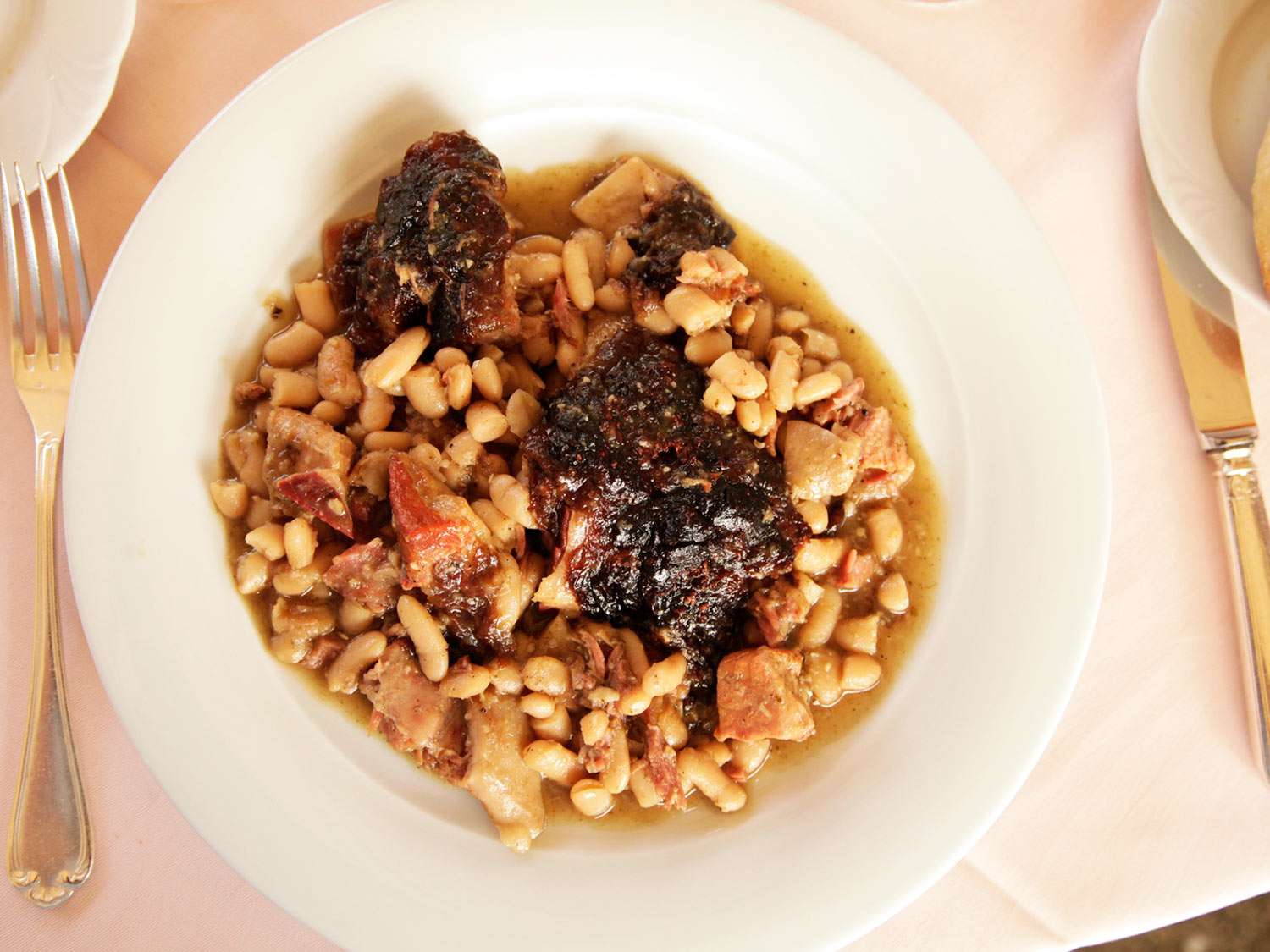 Traditional cassoulet served on a plate in Languedoc, France.