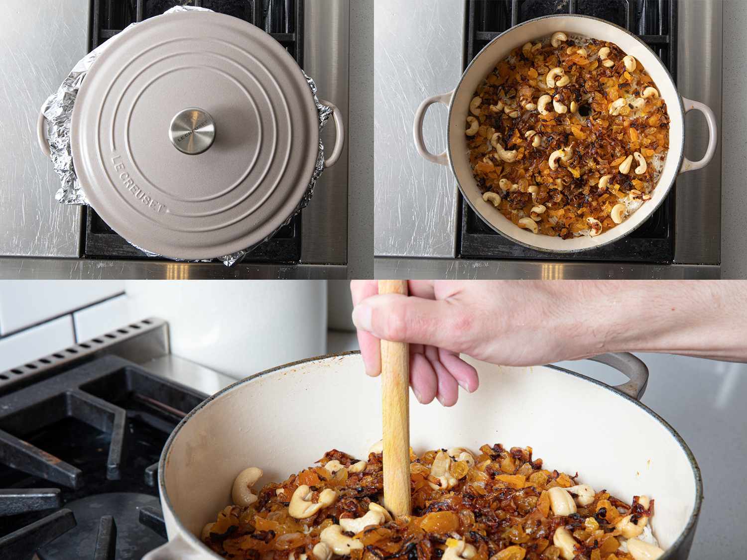 三幅图像拼贴。左上:荷兰烤箱覆盖箔和盖子。右上:印度香饭，中间有洞。下图:一只手将木勺柄插入印度香饭中